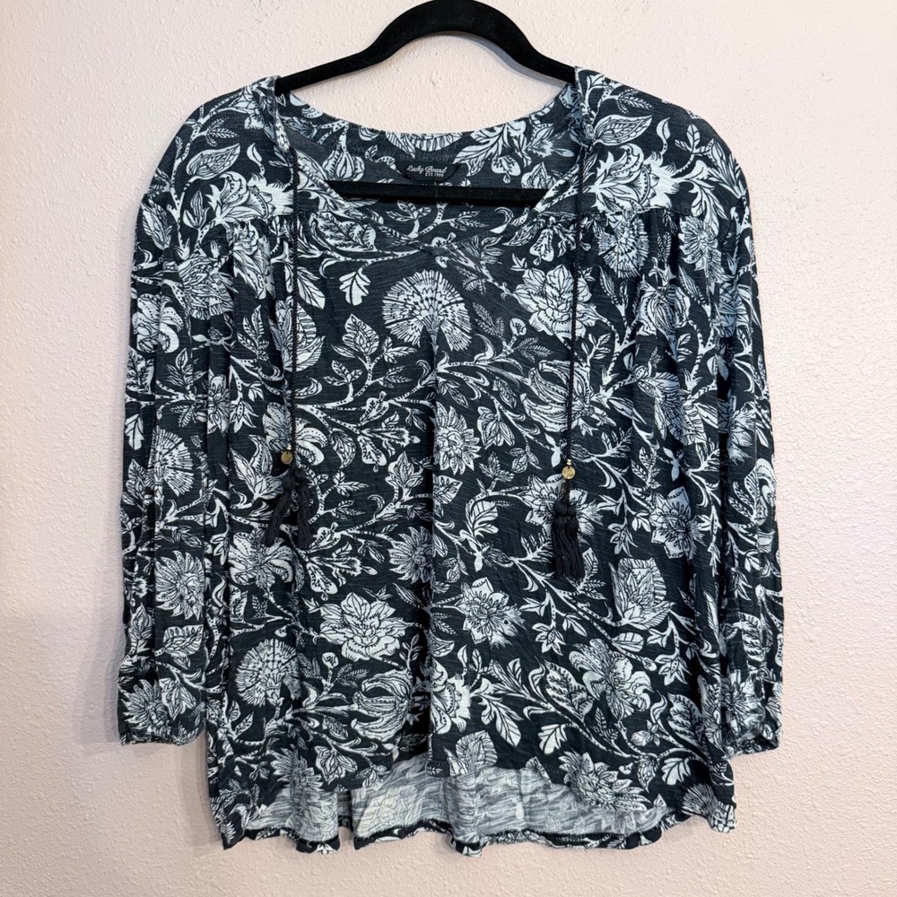 Lucky Brand Womens Black White Floral Tassel Peasant Blouse Top Medium